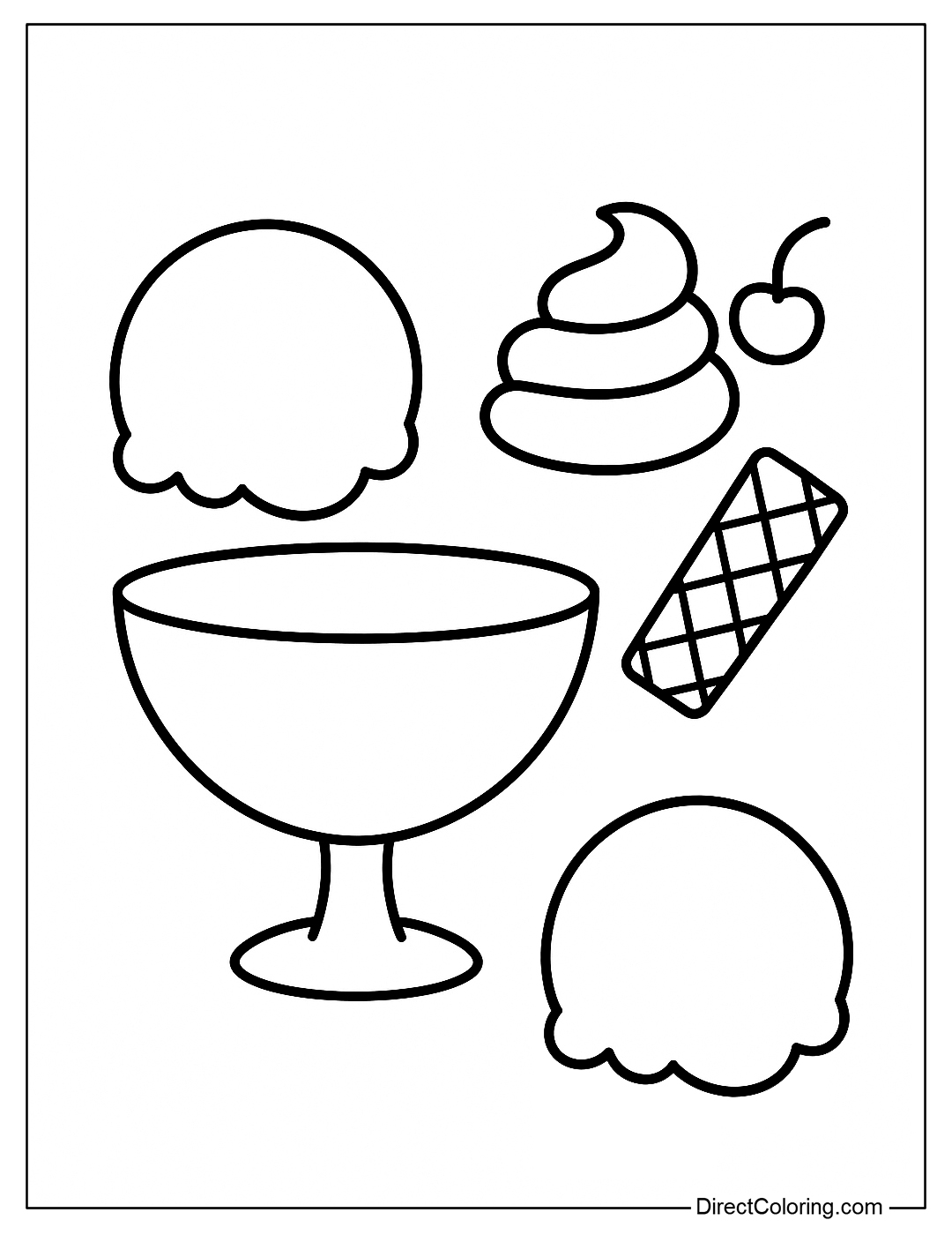 a coloring page of an empty ice cream cup and its separate parts: ice cream bridge, topping, cherry, cookie